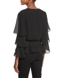 Tiered-Sleeve V-Neck Top, Black