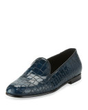 Crocodile-Embossed Leather Loafer, Blue