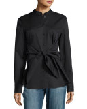 Satin Poplin Tie-Front Shirt, Black