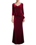 3/4-Sleeve Velvet Peplum Dress, Merlot