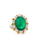 Emerald Cabochon Ring with Yellow & White Diamonds in Platinum