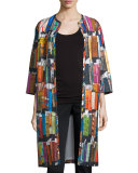 3/4-Sleeve Book-Print Duster Coat, Multi Colors