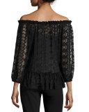 Embroidered Chiffon Off-the-Shoulder Top, Black