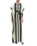 Guipure-Lace Belted Crepe Kaftan, Alabaster/Caviar