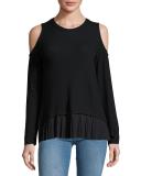 Vera Pleated-Hem Cold-Shoulder Top, Black