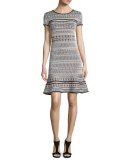 Short-Sleeve Flared Jacquard Dress, Black/White