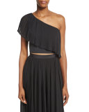 Plisse One-Shoulder Crop Top, Black