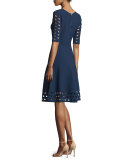 Half-Sleeve Diamond Pointelle Fit-&-Flare Dress, Navy