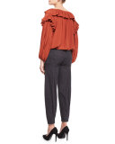 Plisse-Collar Self-Tie Blouse, Burnt Sienna