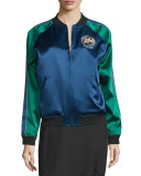 Bonsai-Embroidered Silk Reversible Varsity Jacket, Black