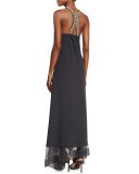 Monili-Trim Accordion-Neck Trapeze Gown, Volcano