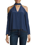 Stay Close Long-Sleeve Silk Halter Top, Navy