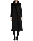Long Wool Coat w/ Mink Fur, Black