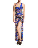 Floral-Print Pareo, Bluette