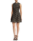 Sleeveless High-Neck Floral-Lace Dress, Black