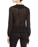 Ruffled-Front Silk Blouse, Black