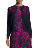 Rose-Embroidered Long-Sleeve Cardigan, Navy/Pink