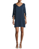 Butterfly-Sleeve V-Neck Shift Dress, Navy