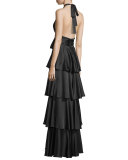 Tiered Satin Halter Gown, Black