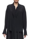 Button-Front Tie-Neck Blouse, Black