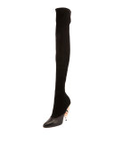 Suede Enamel-Heel Over-The-Knee Boot, Black
