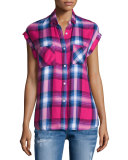 Britt Plaid Cap-Sleeve Shirt, Barry/Navy