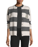 Cashmere Rugby-Stripe Crewneck Cardigan, Charcoal