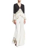 Tiered Georgette Lace-Inset Blouse, Black/Ivory
