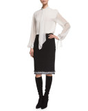 Fringe-Trim Boucle Pencil Skirt, Caviar/Frost