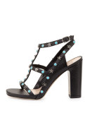 Rockstud Cabochon Caged 100mm Sandal, Black/Turquoise