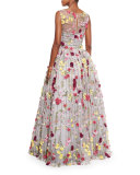 Beaded Tulle Illusion Gown w/Floral Appliques, Pink/Fuchsia/Multi 