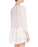 Layered Lace-Trim Long-Sleeve Dress, White