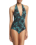 Rose-Print Ruched Halter One-Piece Swimsuit