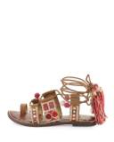 Gretchen Embroidered Lace-Up Flat Sandal, Camel/Pink