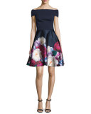 Nersi Blushing Bouquet Floral-Print Off-the-Shoulder Bardot Dress, Navy