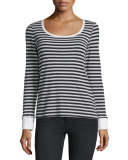 Boat-Neck Long-Sleeve Striped Top, Noir