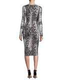 Long-Sleeve Snake-Print Jersey Dress, Black/Ivory