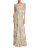 3/4-Sleeve Illusion-Neck Beaded Gown