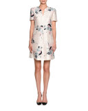 Abstract-Floral Crinkled Short-Sleeve Dress, White/Pink