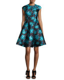 Cap-Sleeve Floral Jacquard Fit-and-Flare Dress, Blue Topaz