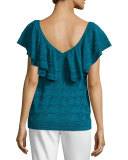 Flutter-Sleeve V-Neck Top, Teal