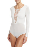 Lace-Inset Long-Sleeve Bodysuit, Black