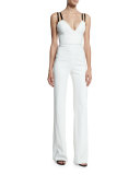 Deep-V Wide-Leg Jumpsuit, White