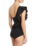 Atlante One-Shoulder Ruffle Swimsuit, Black