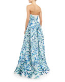 Strapless Pleated Floral Ball Gown, Pacific Blue/Multi