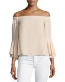 Arabelle Off-the-Shoulder Tiered Bell-Sleeve Top, Beige