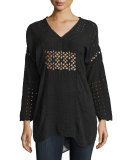 Tribal V-Neck Eyelet Tunic, Black 