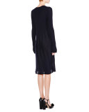 Long-Sleeve V-Neck Pleated Dress, Navy