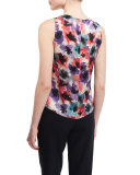 Sleeveless Draped Floral-Print Silk Blouse, Multi Colors