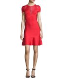 Short-Sleeve Chevron-Illusion Bandage Dress, Red
